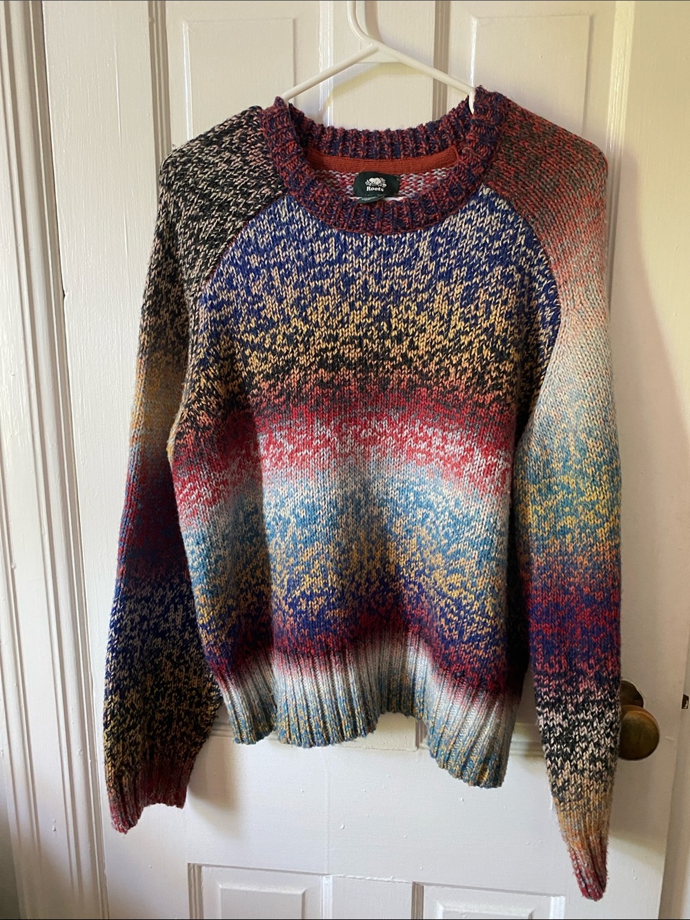 Roots Multicolor Crewneck Sweater in Blue, Red, Cream, Yellow, Brown